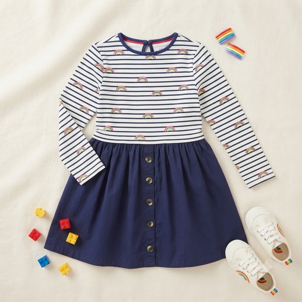 Mini Boden Girls Rainbow Stripe Long Sleeve Dress Navy Blue 9-10Y 140cm G1345